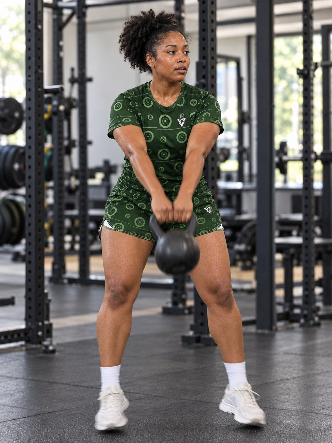 Training & Gym Forest Camo Iron Plate Women's Athletic Shorts with Pockets, in action