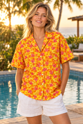 Tropic Heat Plumeria button-up shirt worn out