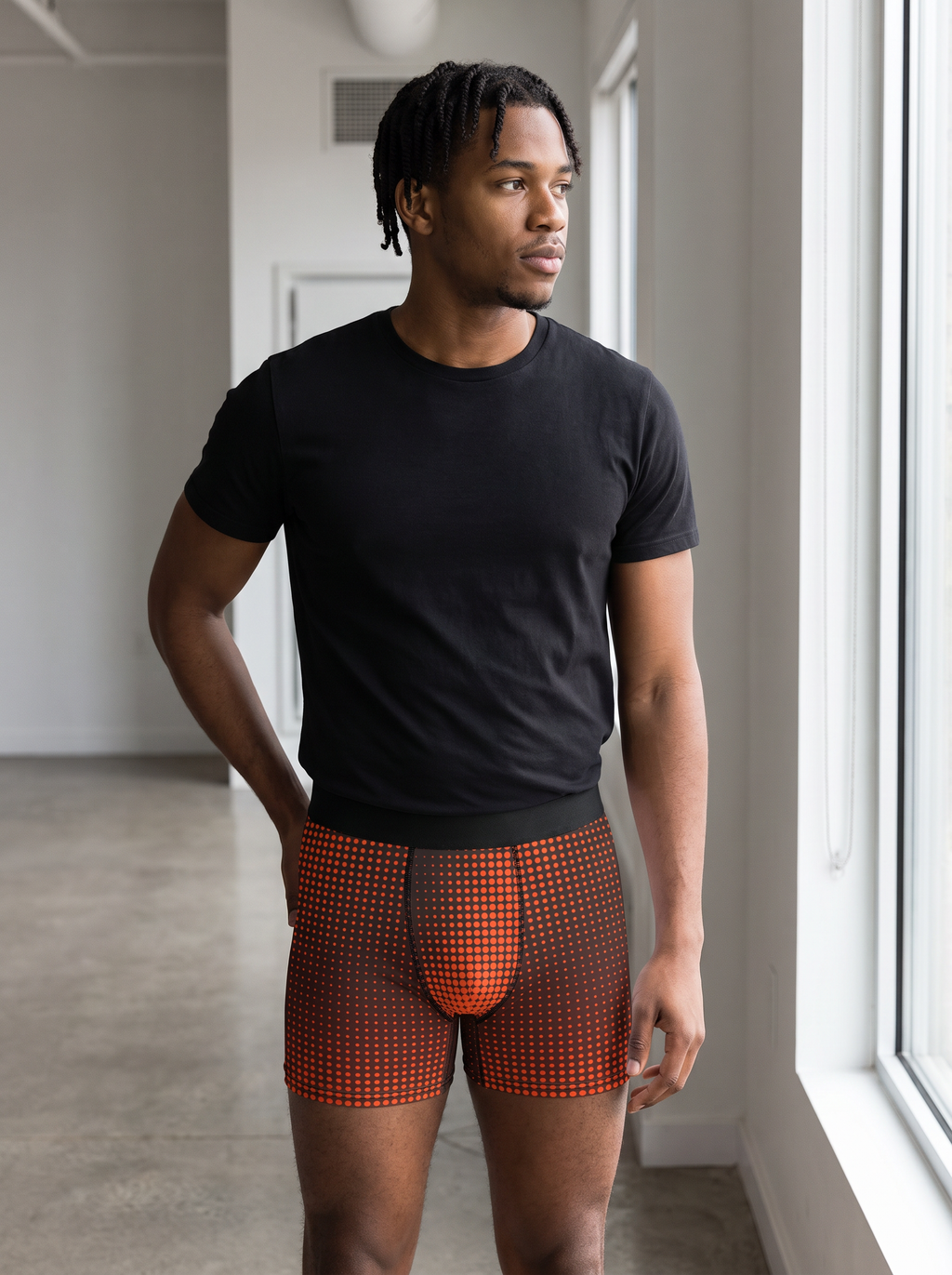 Bonfire Halftone men's fitted boxer briefs worn on a model