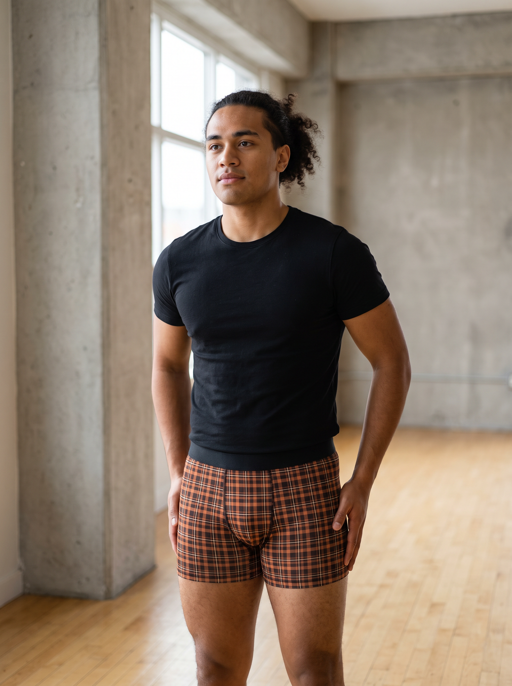 Copper Flannel men's fitted boxer briefs worn on a model