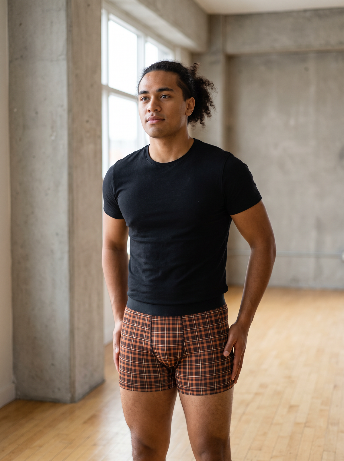 Copper Flannel men's fitted boxer briefs worn on a model