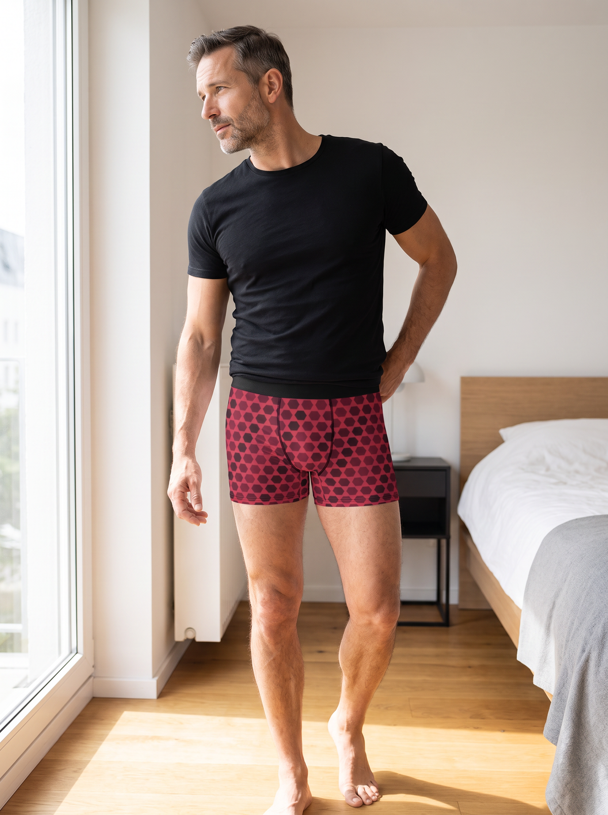 Cranberry Hex Grid men's fitted boxer briefs worn on a model