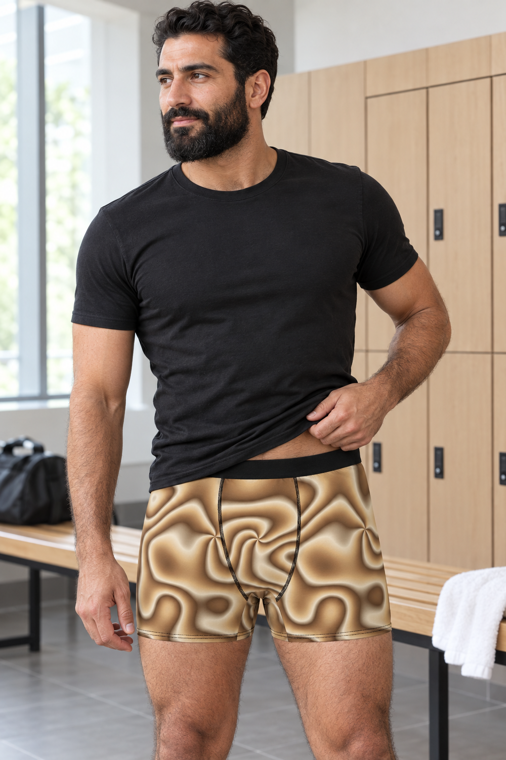 Desert Tie-Dye men's fitted boxer briefs worn on a model