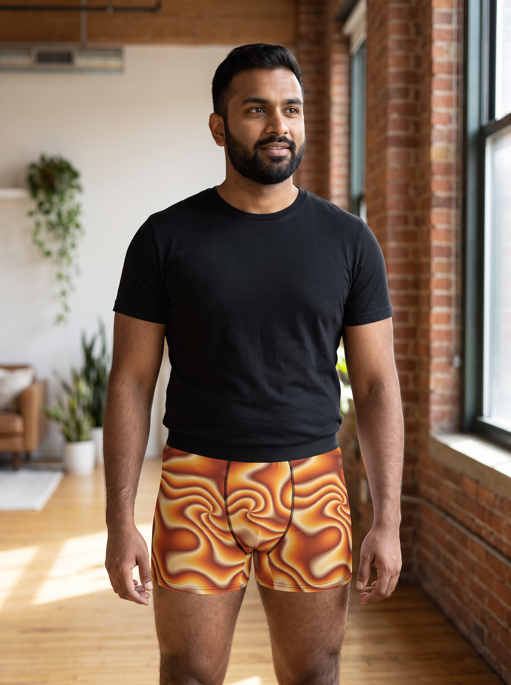 Golden Hour Tie-Dye men's fitted boxer briefs worn on a model