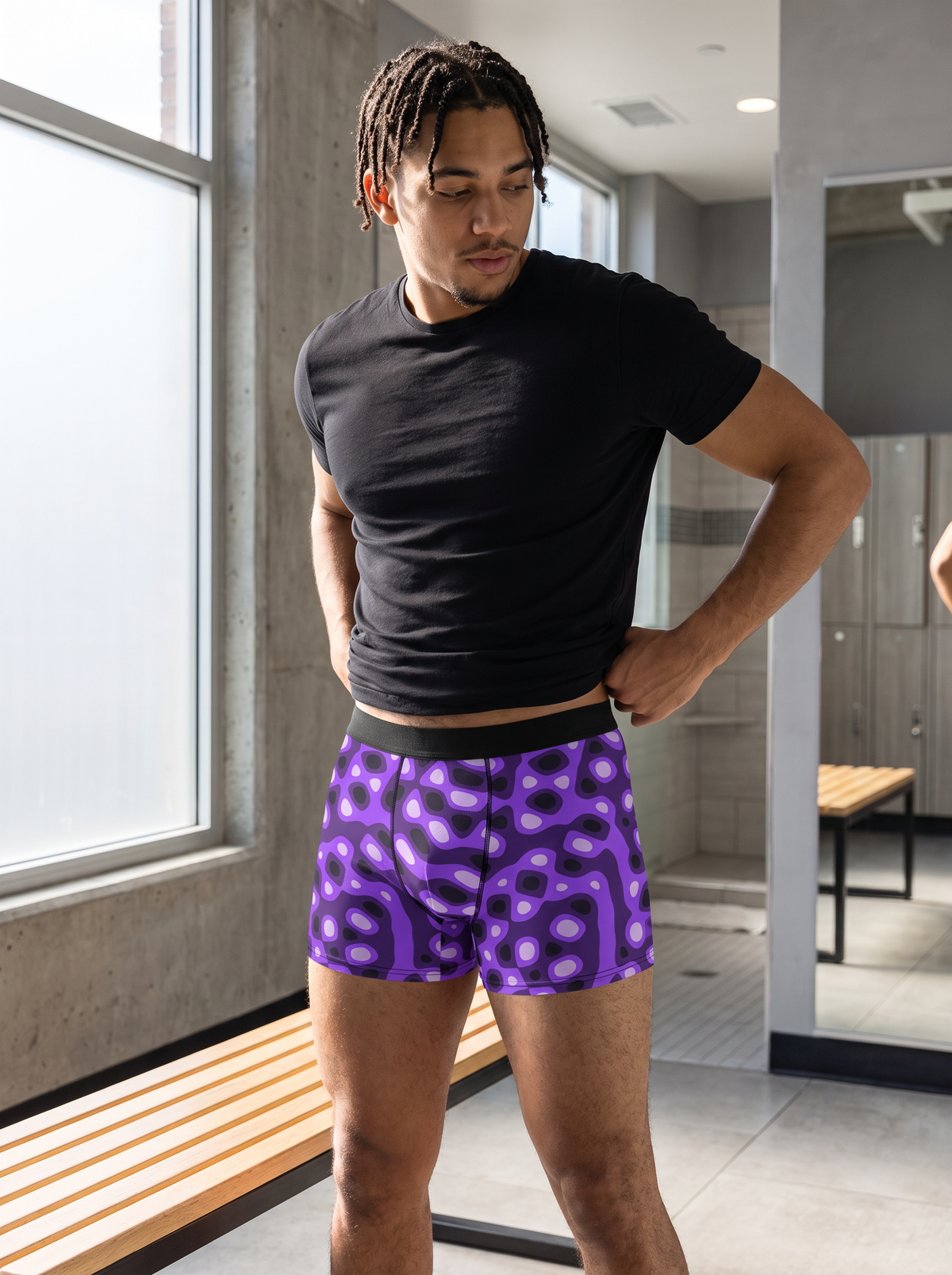 Grape Ripple men's fitted boxer briefs worn on a model