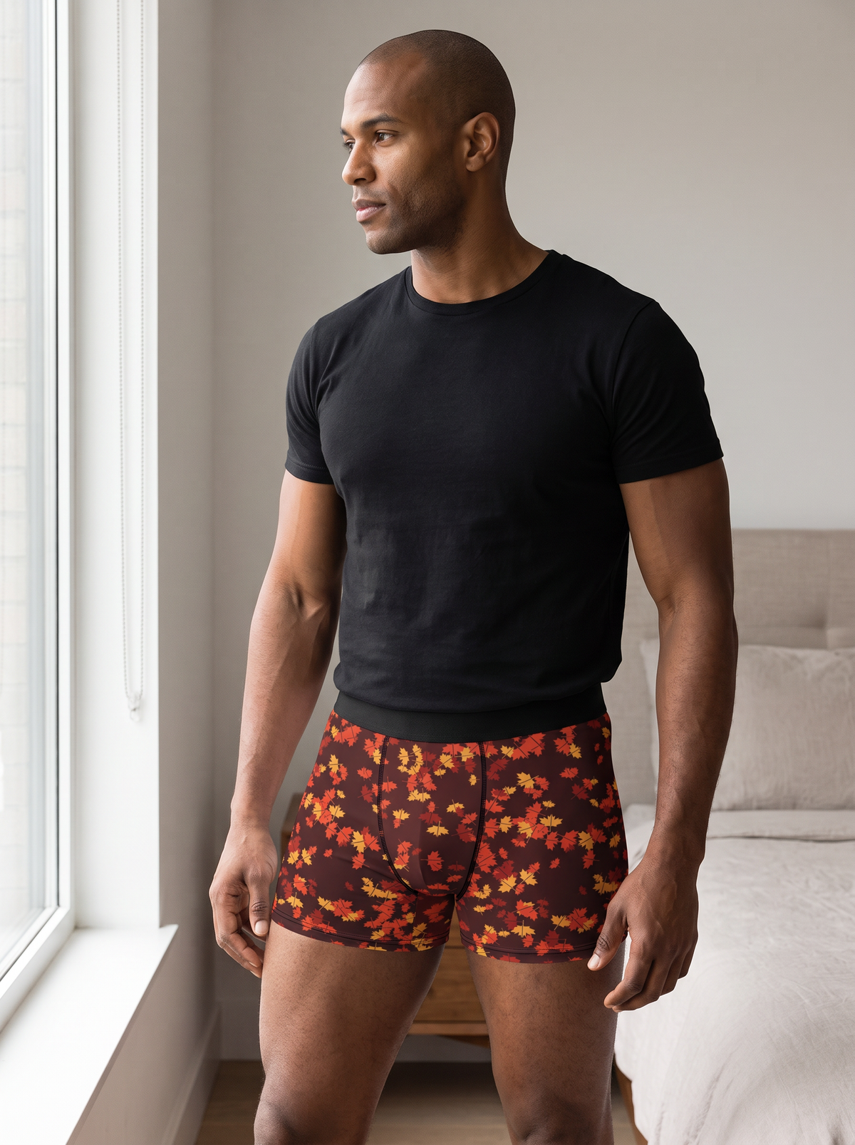 Maple Falling Leaves men's fitted boxer briefs worn on a model