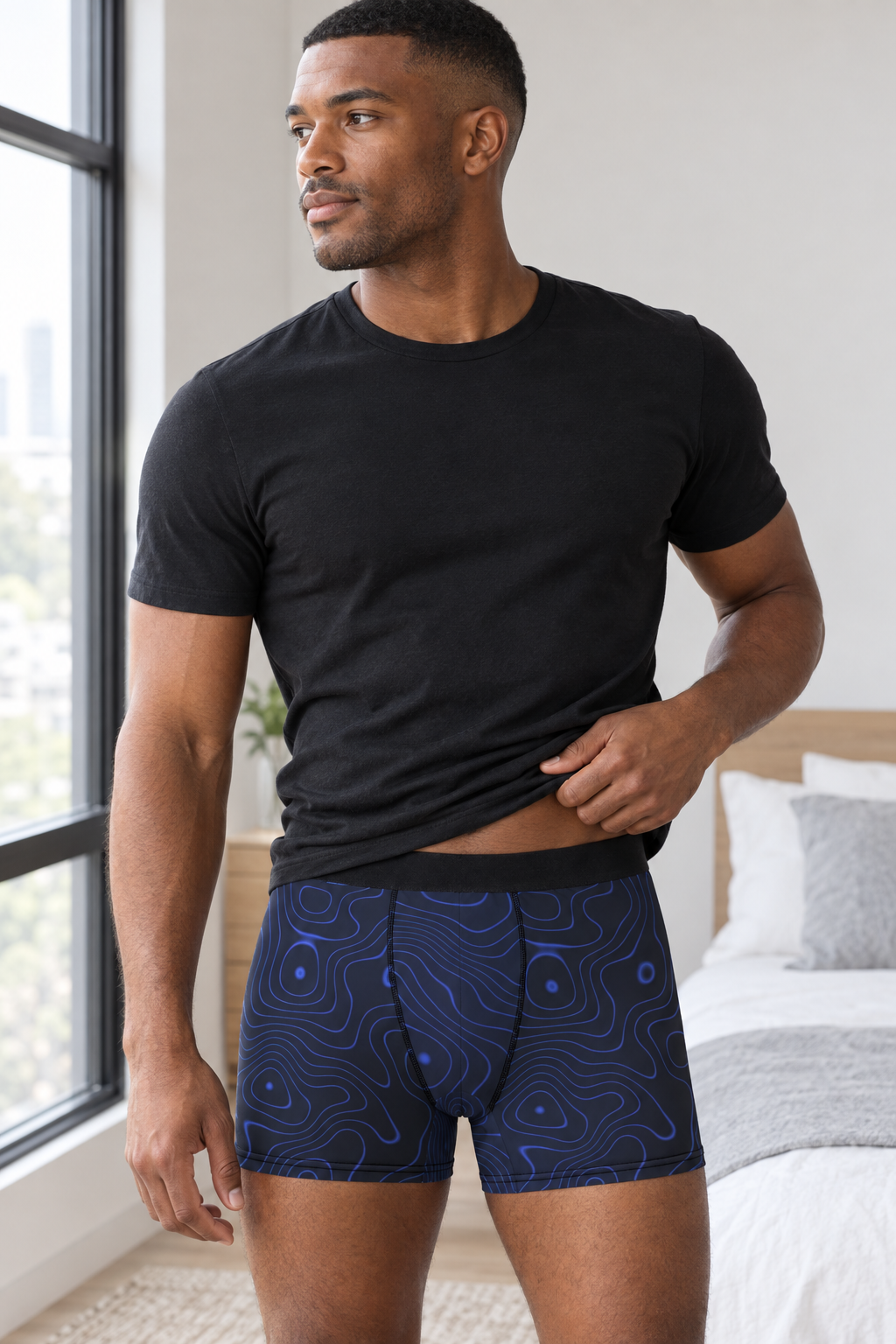 Midnight Topo men's fitted boxer briefs worn on a model