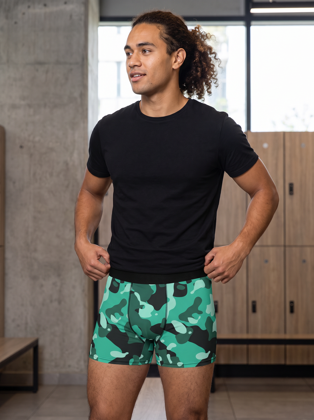 Mint Camo men's fitted boxer briefs worn on a model