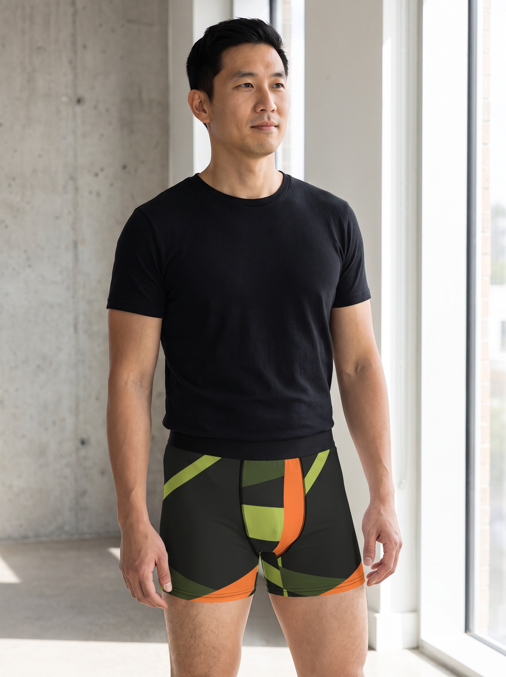 Moss Flame Shard men's fitted boxer briefs worn on a model