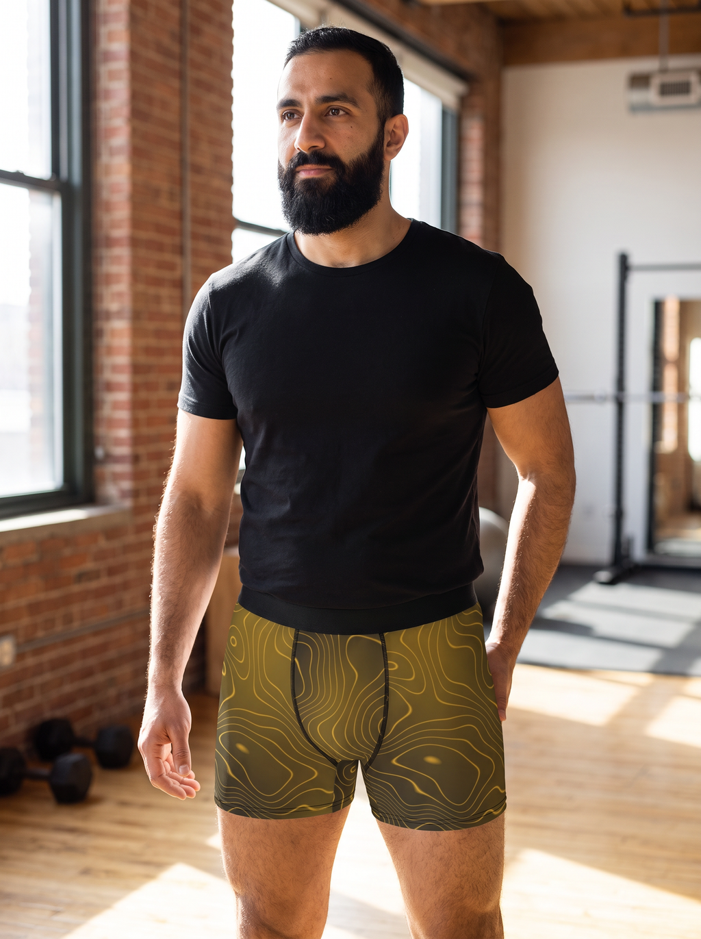 Mustard Topo men's fitted boxer briefs worn on a model