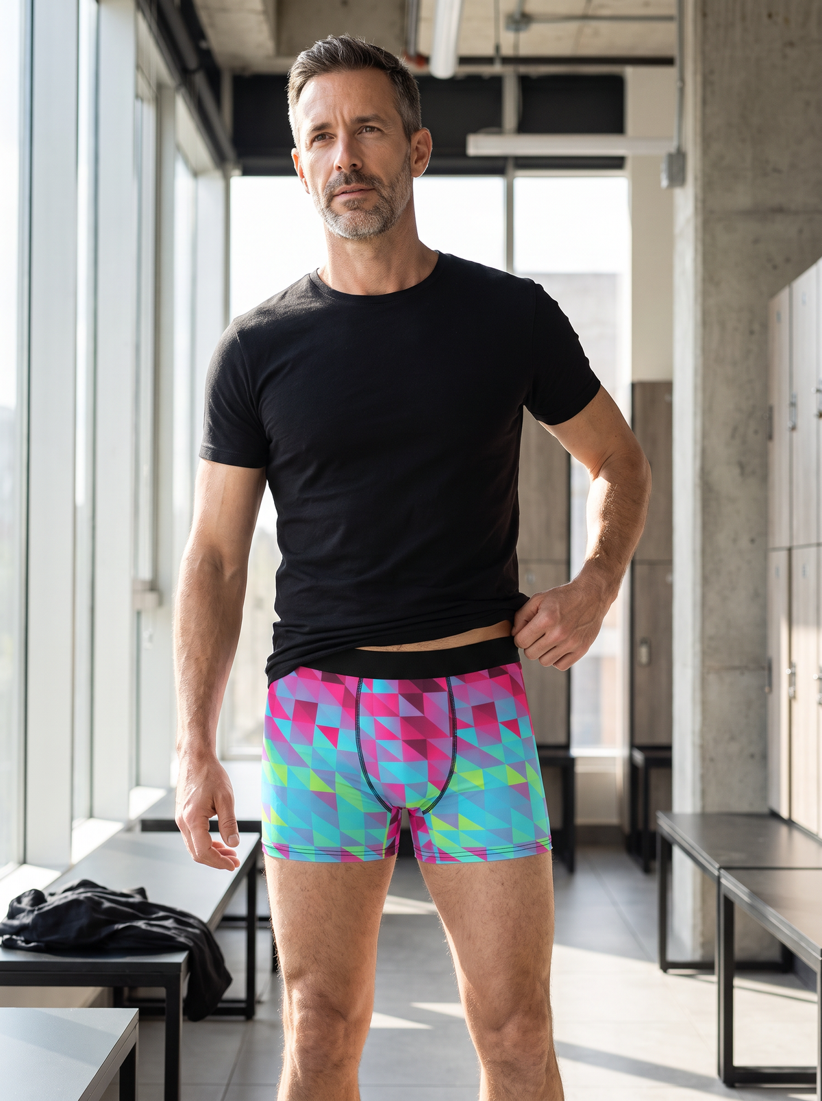 Neon Low-Poly men's fitted boxer briefs worn on a model