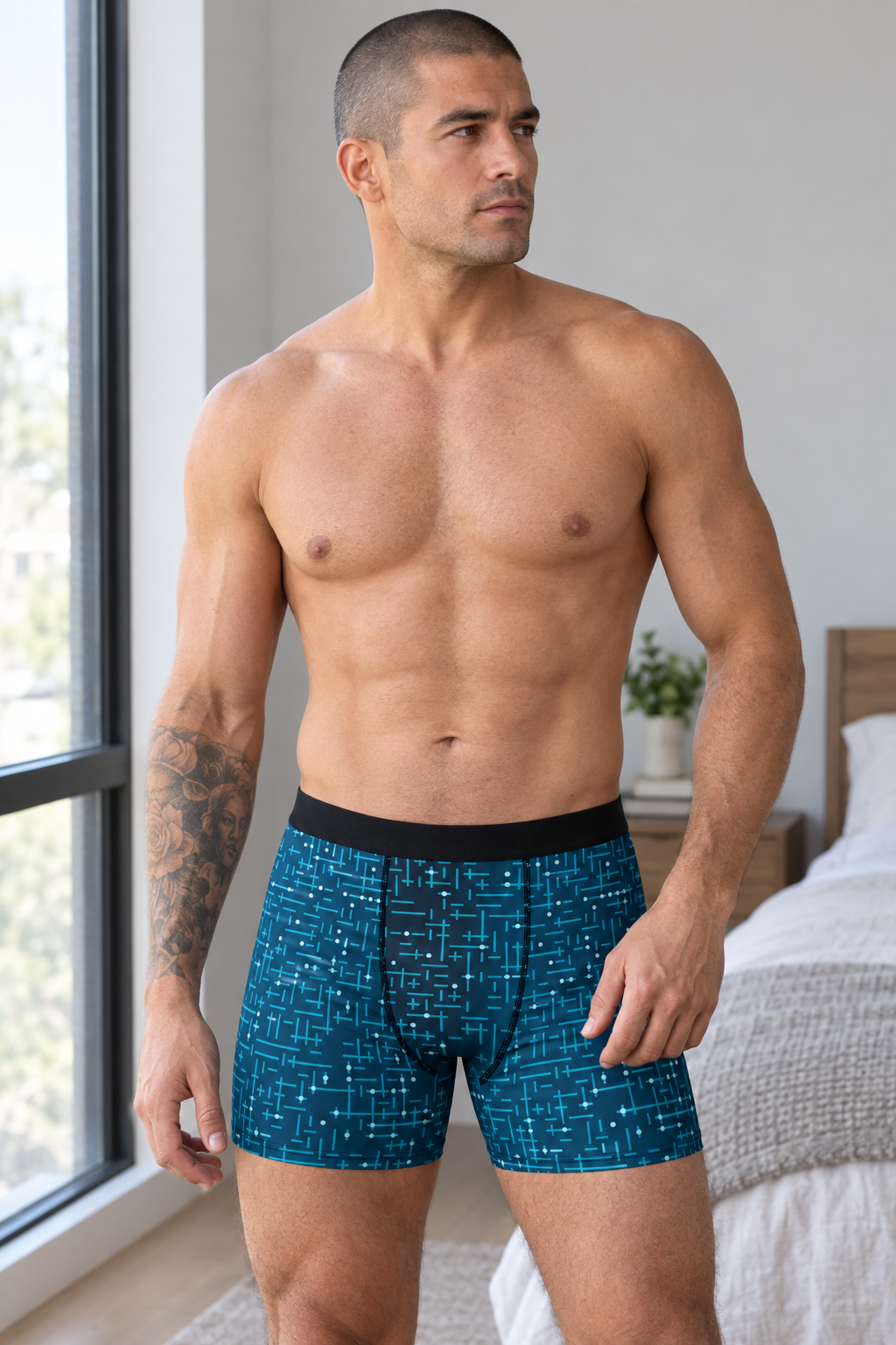 Ocean Circuit men's fitted boxer briefs worn on a model