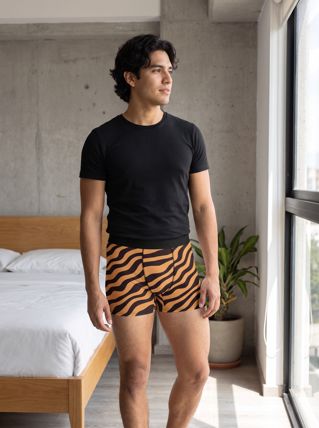 Spiced Wine Zebra men's fitted boxer briefs worn on a model