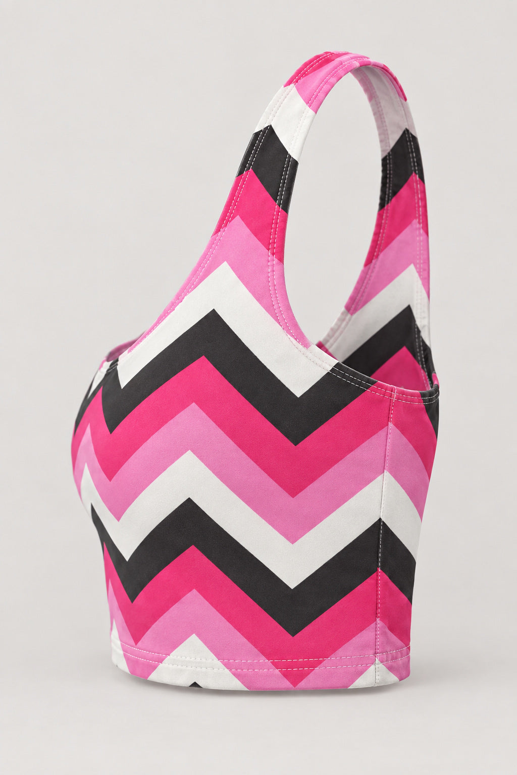 Hot Pink Chevron Sports Bra, AI-generated product-only studio side view