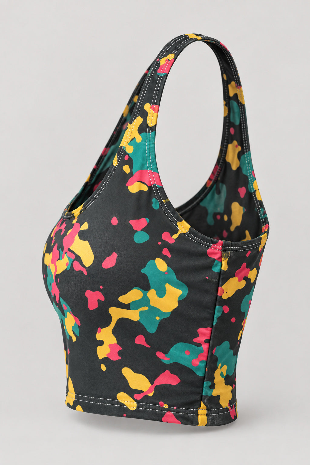 Tropic Splatter Sports Bra, AI-generated product-only studio side view