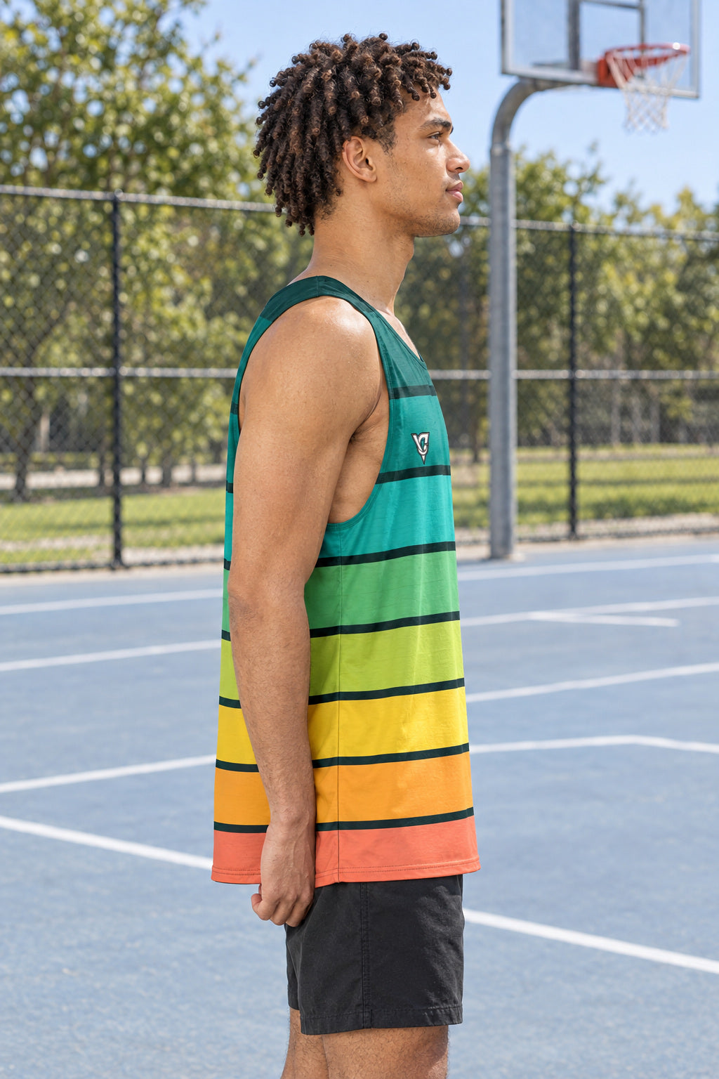 Tropic Horizon Men's Athletic Tank, AI-generated side-profile product mockup on a fictional adult model