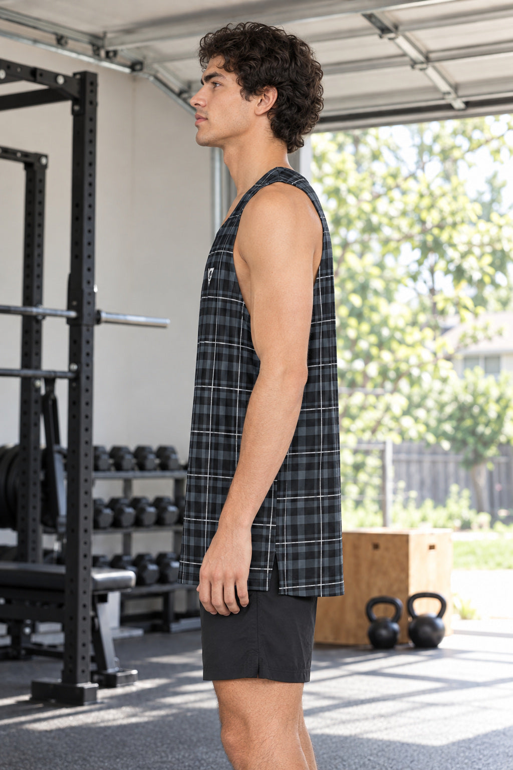 Steel Plaid Men's Athletic Tank, AI-generated side-profile product mockup on a fictional adult model