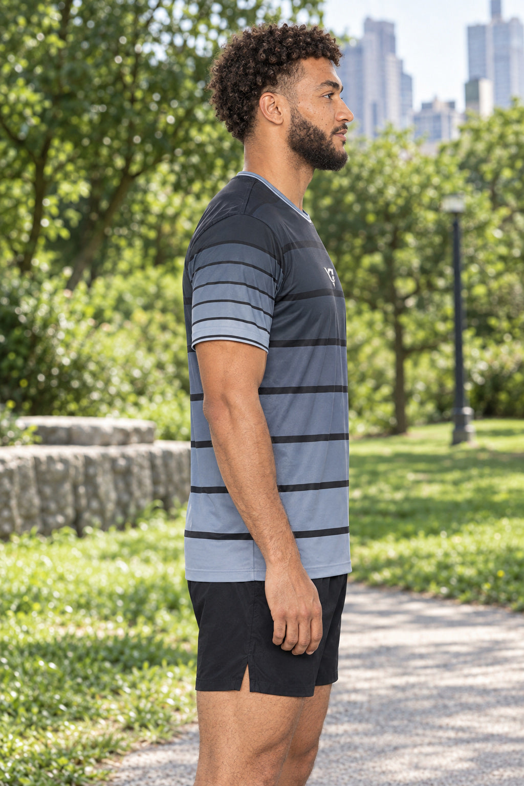 Steel Horizon Multipurpose Athletic Shirt, AI-generated side-profile product mockup on a fictional adult model