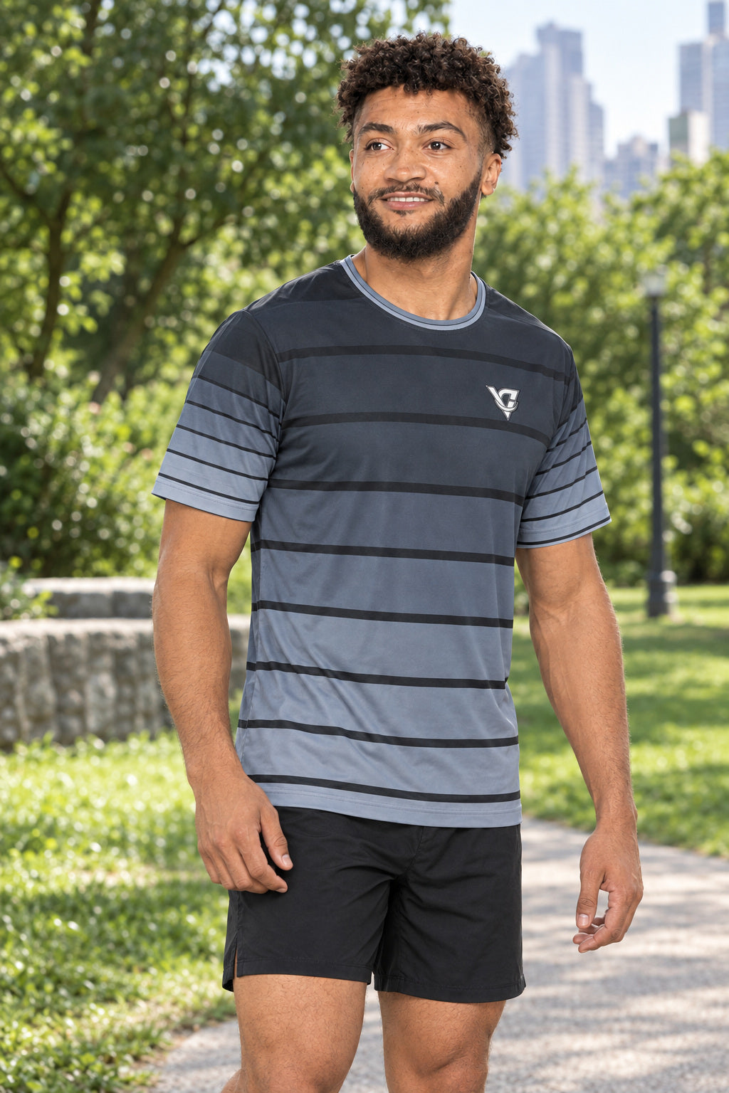 Steel Horizon Multipurpose Athletic Shirt, AI-generated realistic three-quarter mockup on a fictional adult model