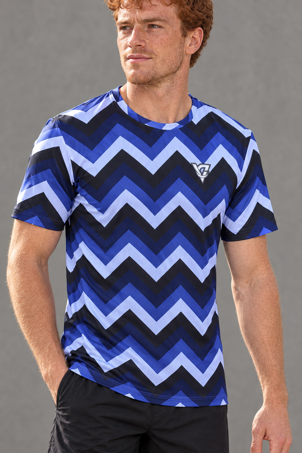 Midnight Chevron Multipurpose Athletic Shirt, AI-generated realistic detail mockup on a fictional adult model