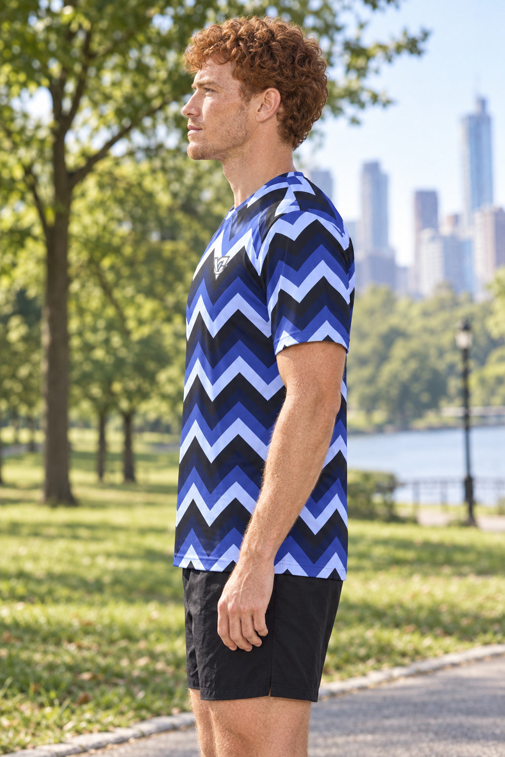Midnight Chevron Multipurpose Athletic Shirt, AI-generated side-profile product mockup on a fictional adult model