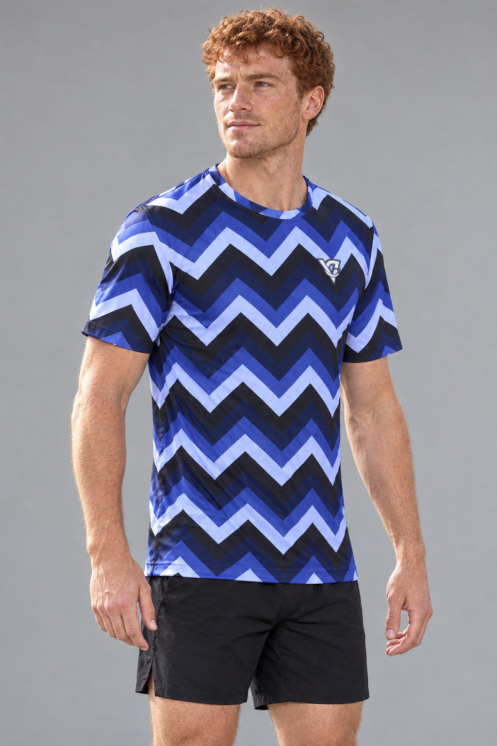 Midnight Chevron Multipurpose Athletic Shirt, AI-generated realistic three-quarter mockup on a fictional adult model