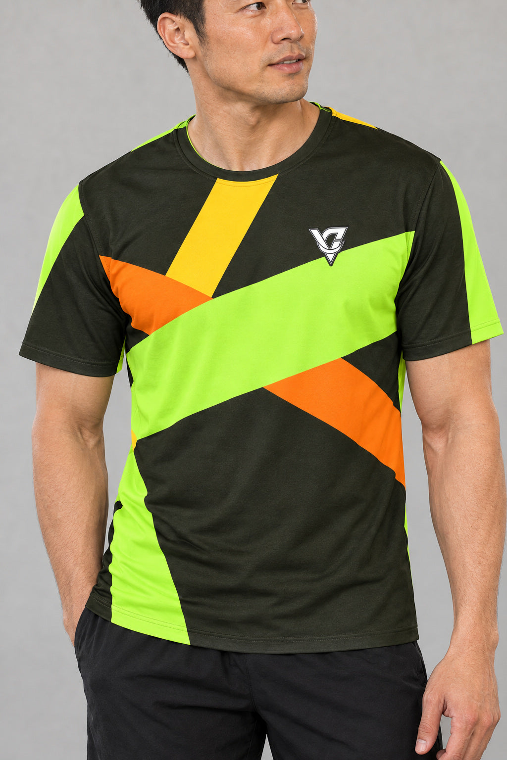 Citrus Shard Multipurpose Athletic Shirt, AI-generated realistic detail mockup on a fictional adult model