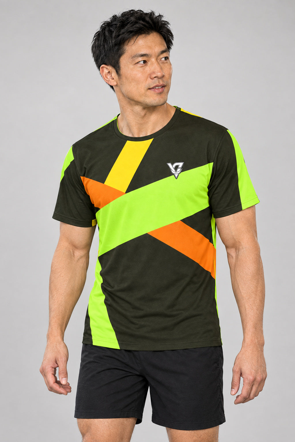 Citrus Shard Multipurpose Athletic Shirt, AI-generated realistic three-quarter mockup on a fictional adult model
