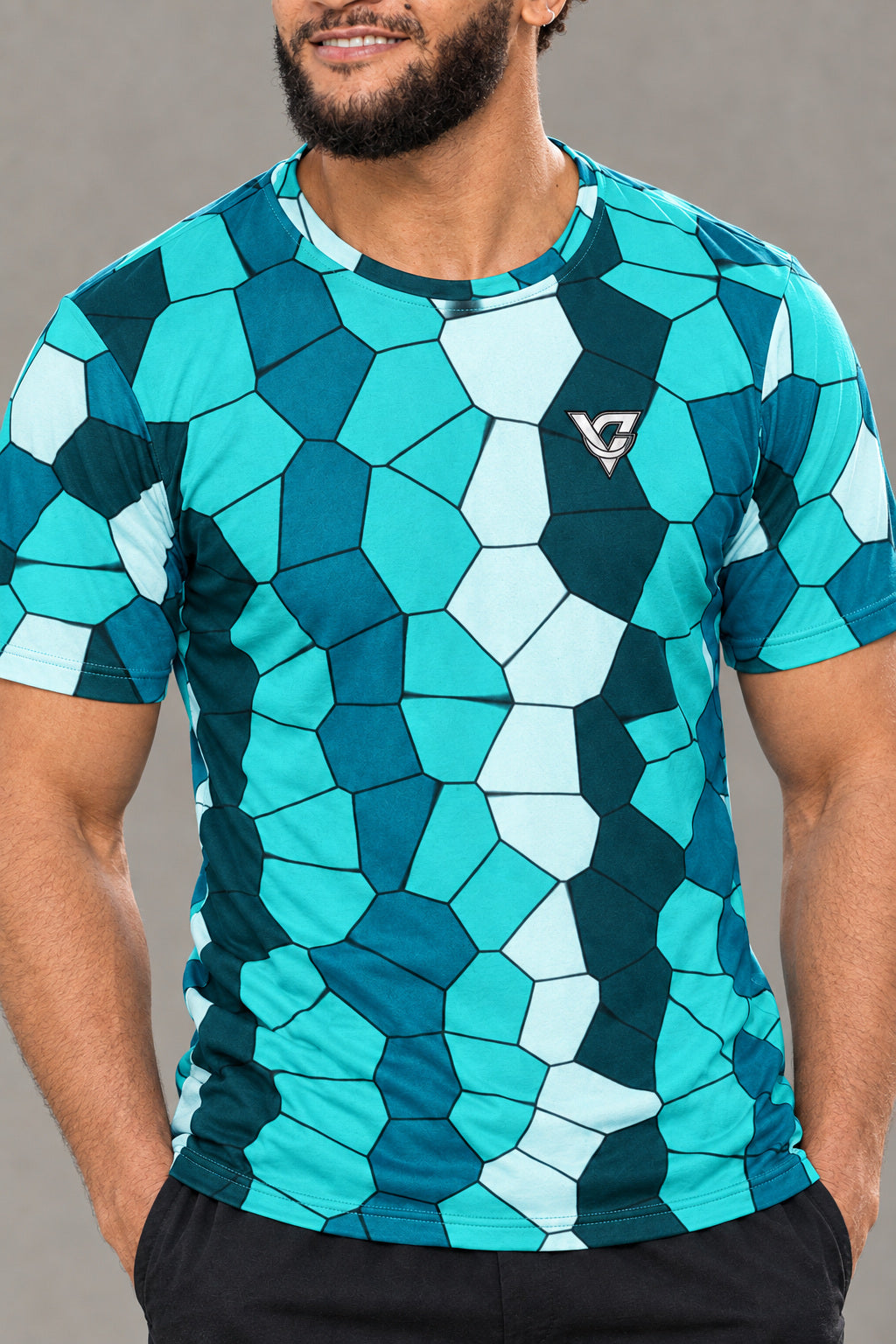 Aqua Mosaic Multipurpose Athletic Shirt, AI-generated realistic detail mockup on a fictional adult model