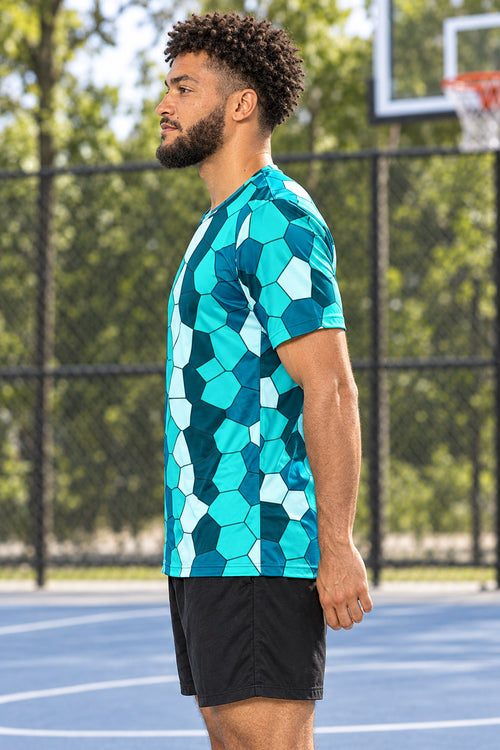 Aqua Mosaic Multipurpose Athletic Shirt, AI-generated side-profile product mockup on a fictional adult model