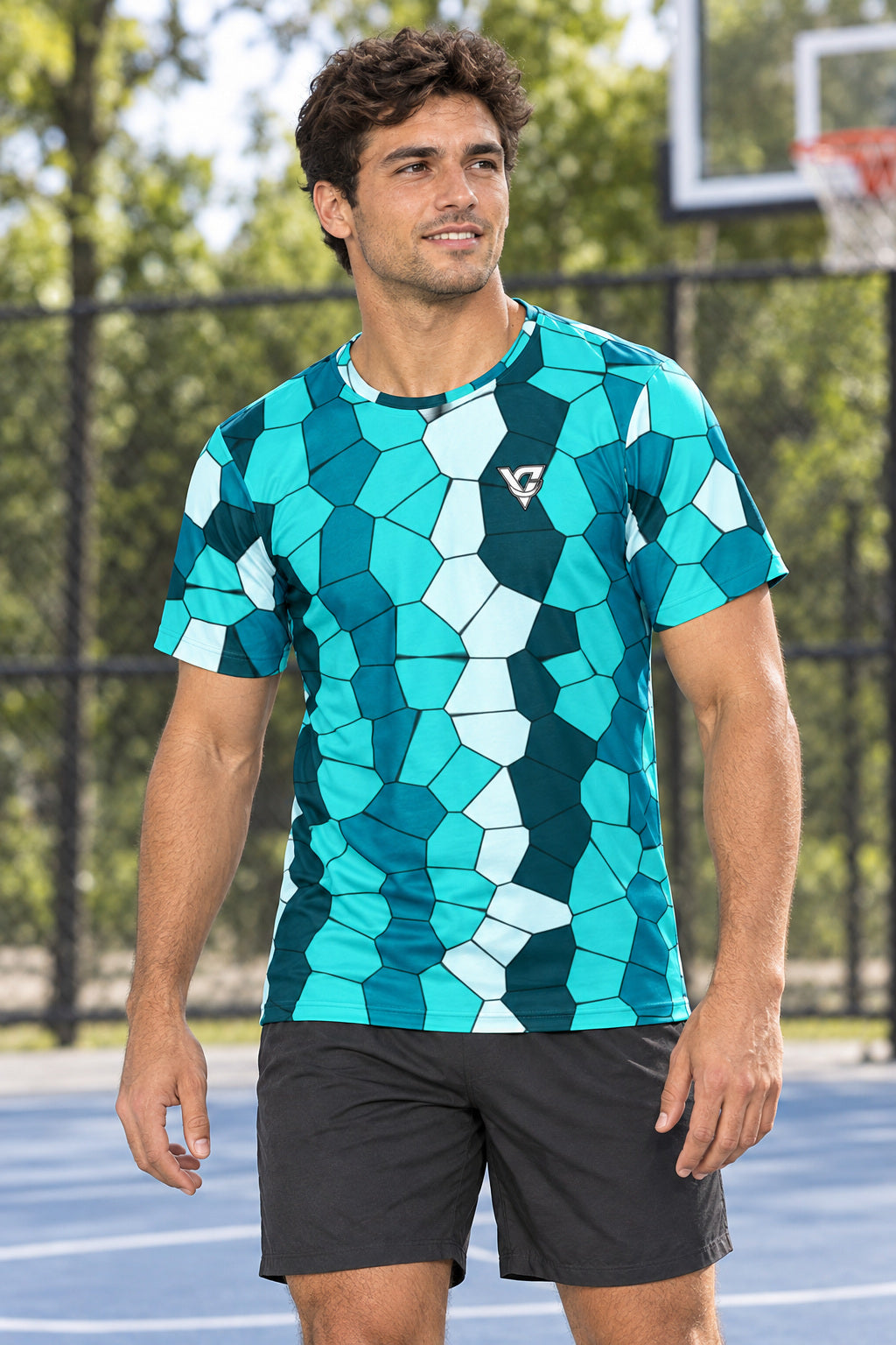 Aqua Mosaic Multipurpose Athletic Shirt, AI-generated realistic three-quarter mockup on a fictional adult model