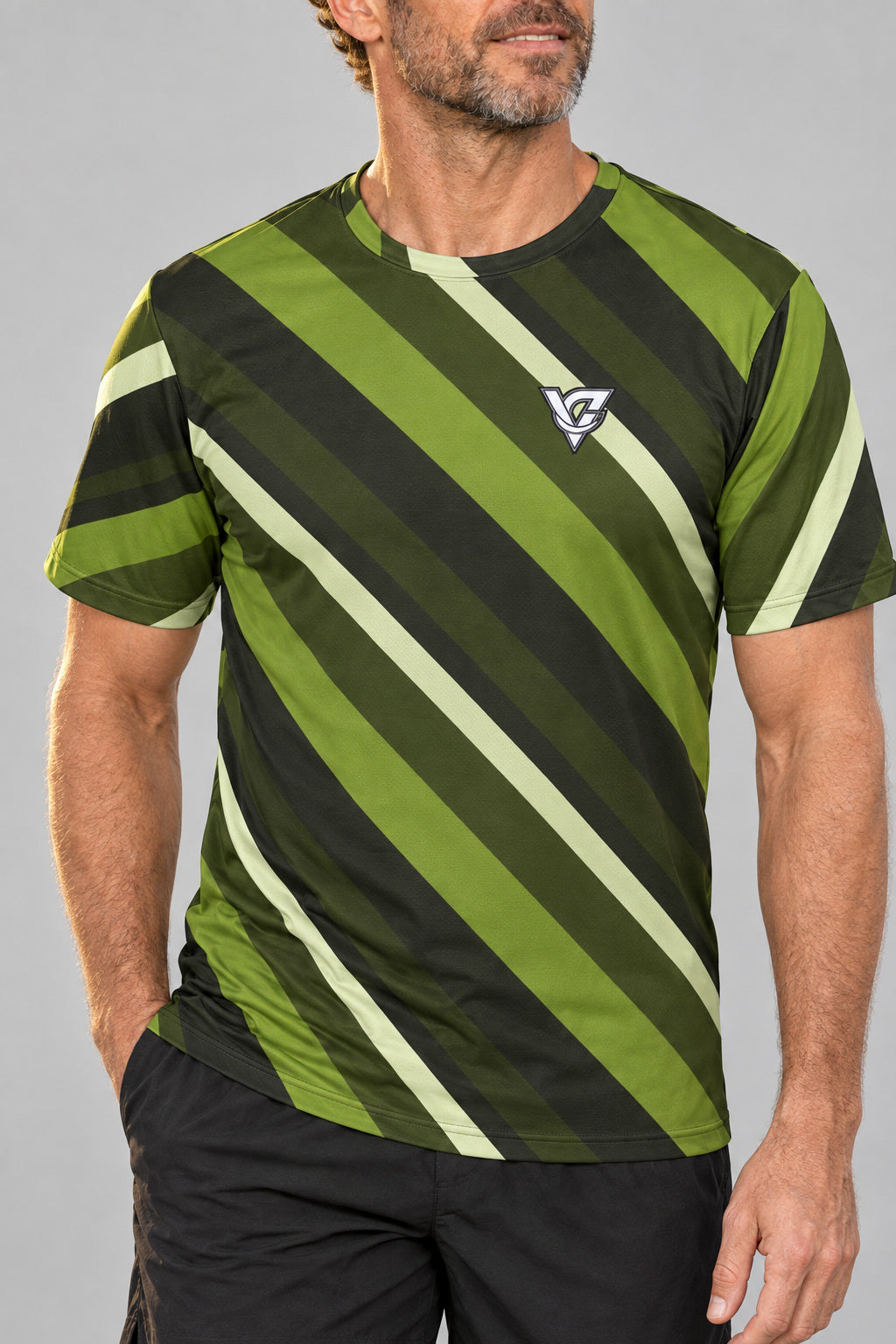 Olive Stripe Multipurpose Athletic Shirt, AI-generated realistic detail mockup on a fictional adult model