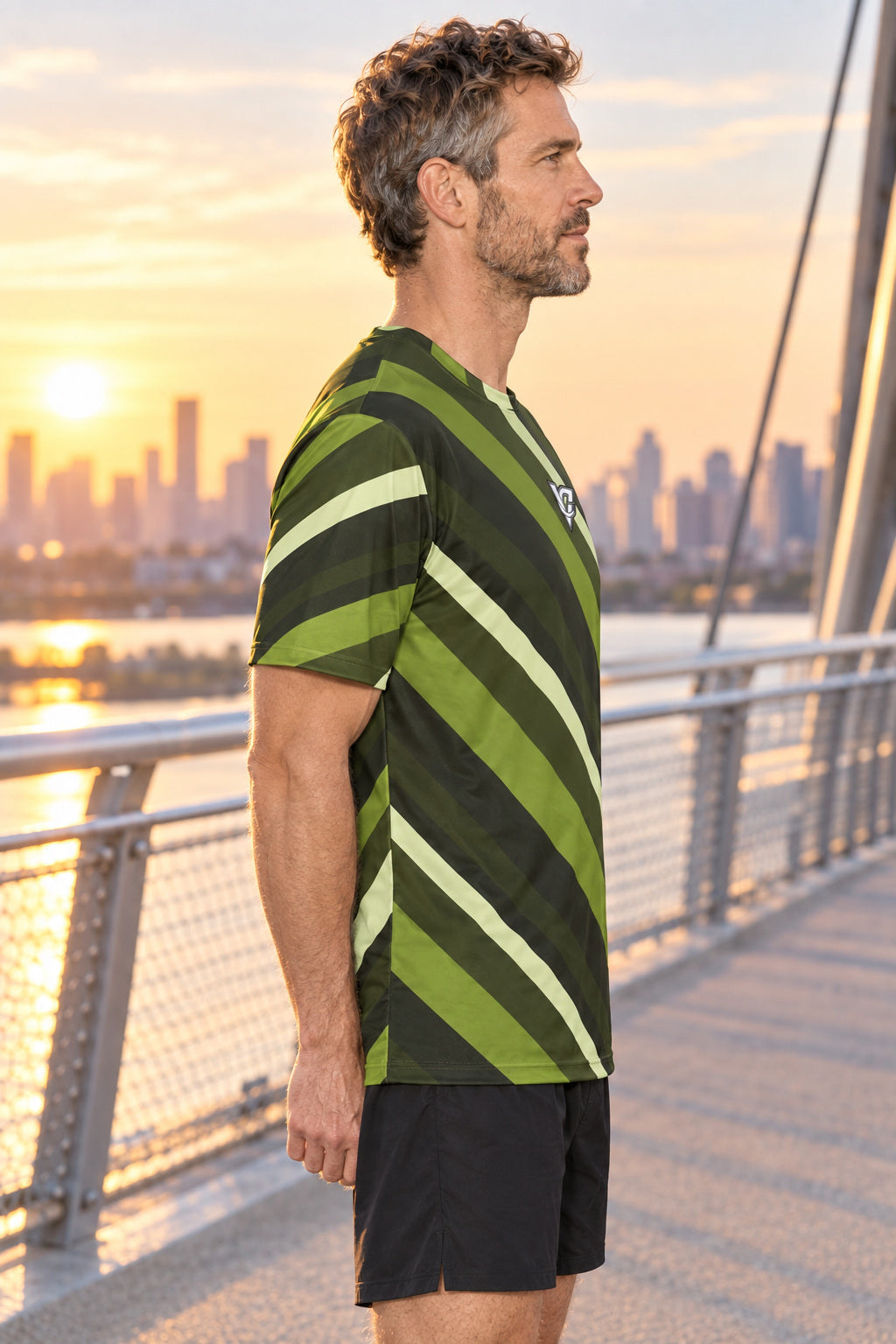 Olive Stripe Multipurpose Athletic Shirt, AI-generated side-profile product mockup on a fictional adult model