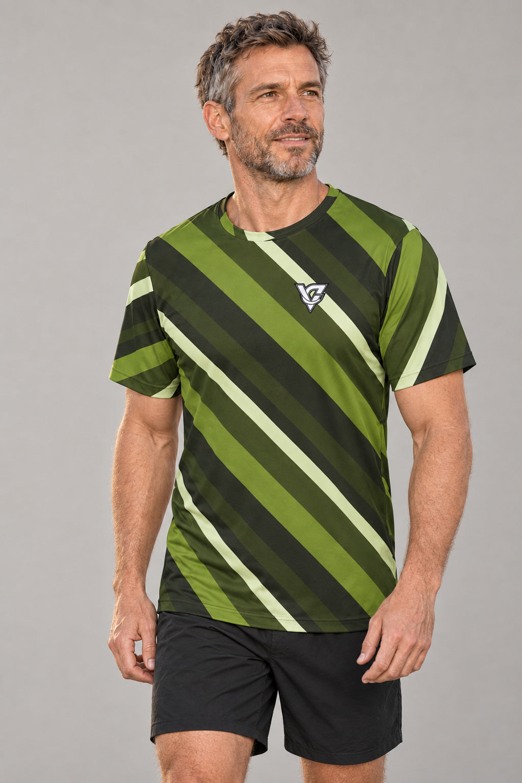 Olive Stripe Multipurpose Athletic Shirt, AI-generated realistic three-quarter mockup on a fictional adult model