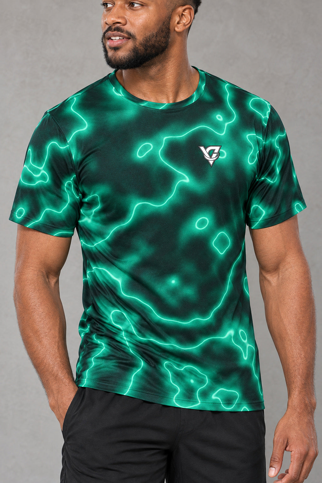 Mint Marble Multipurpose Athletic Shirt, AI-generated realistic detail mockup on a fictional adult model