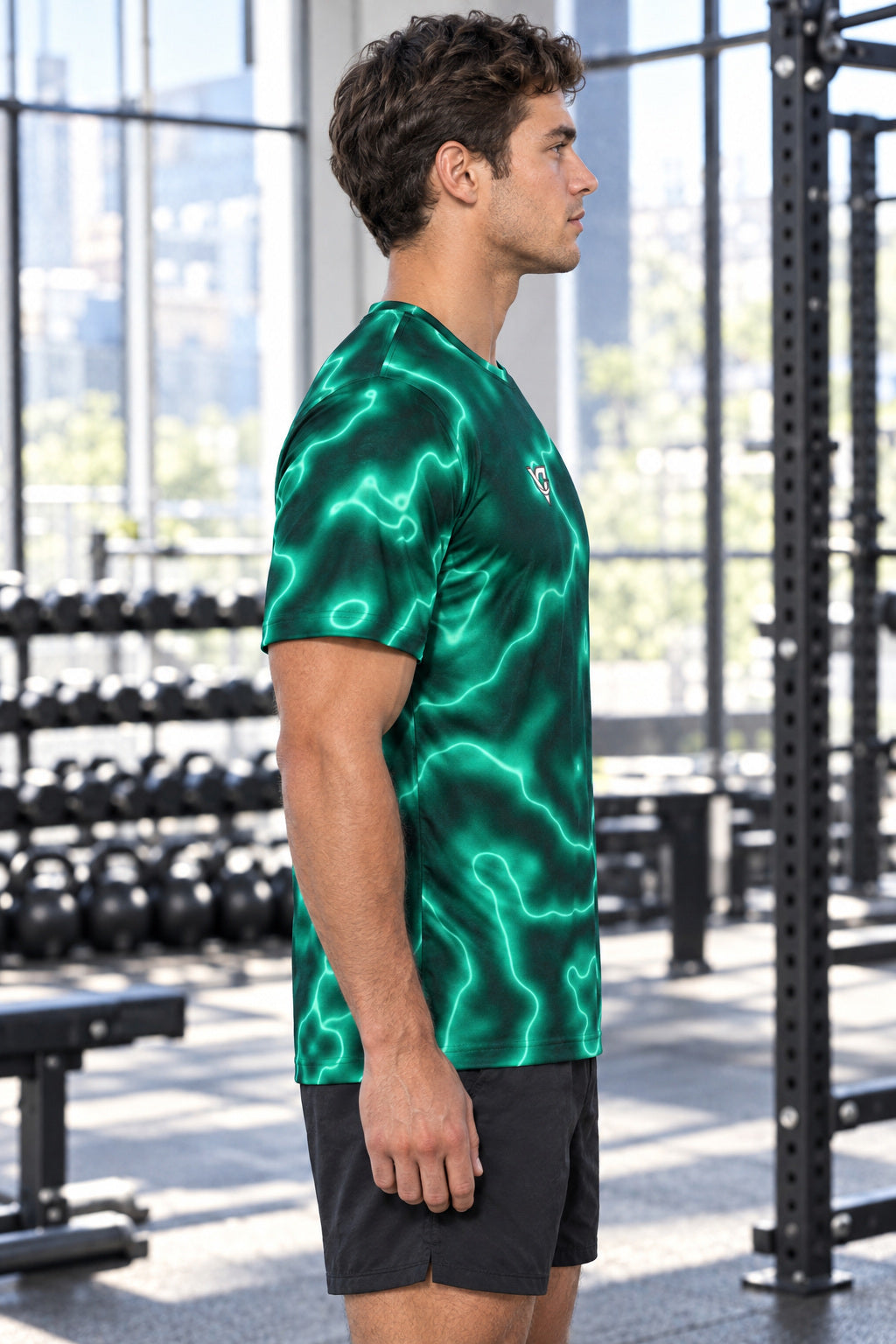 Mint Marble Multipurpose Athletic Shirt, AI-generated side-profile product mockup on a fictional adult model