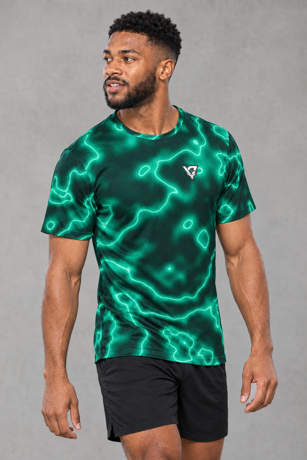 Mint Marble Multipurpose Athletic Shirt, AI-generated realistic three-quarter mockup on a fictional adult model