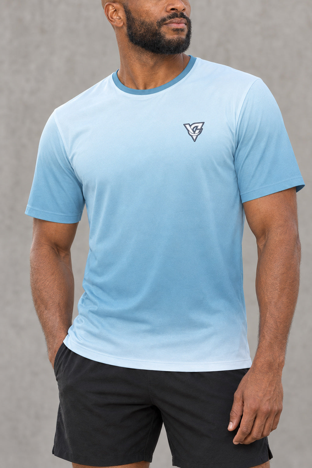Arctic Ombre Multipurpose Athletic Shirt, AI-generated realistic detail mockup on a fictional adult model