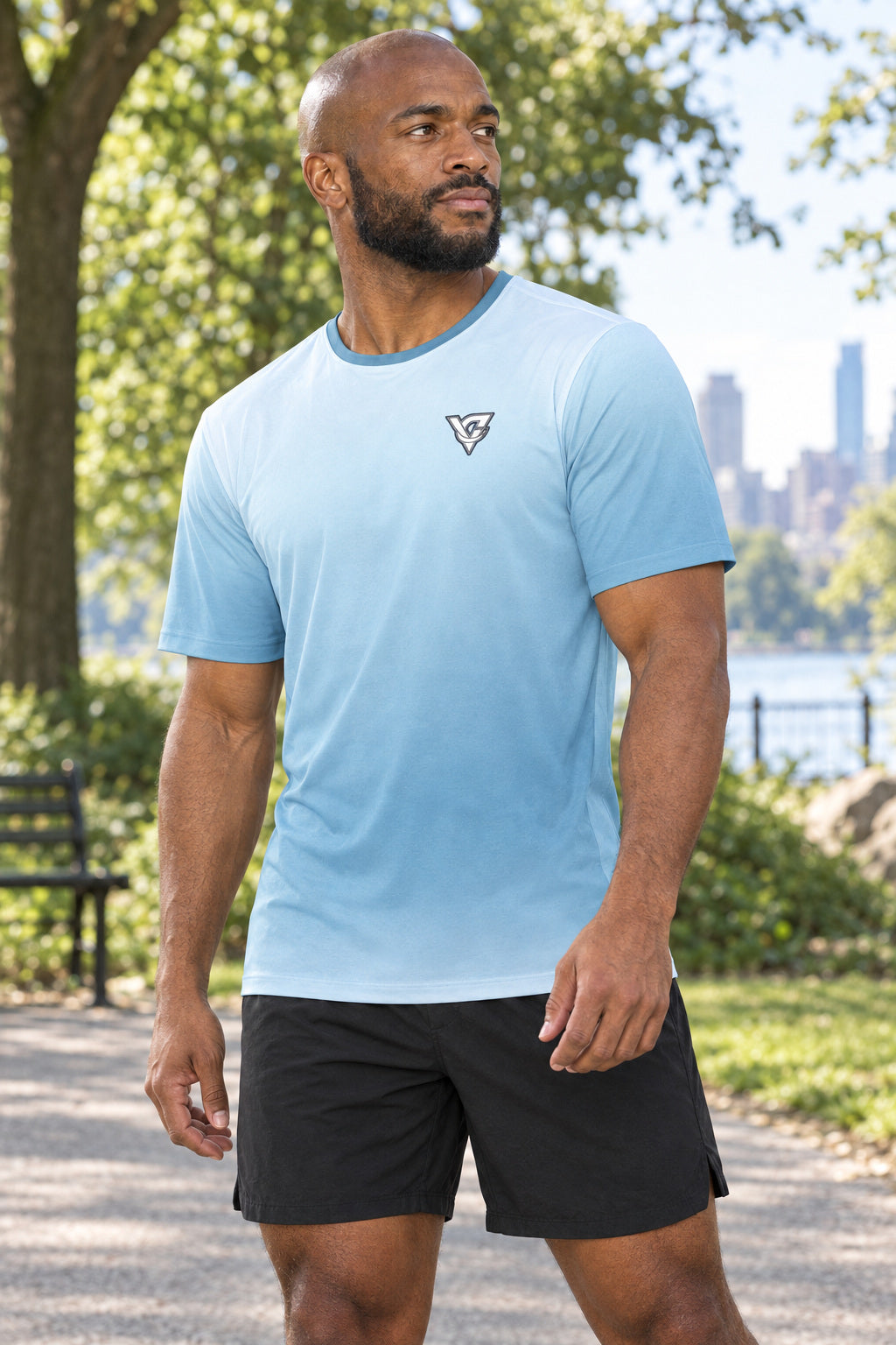 Arctic Ombre Multipurpose Athletic Shirt, AI-generated realistic three-quarter mockup on a fictional adult model
