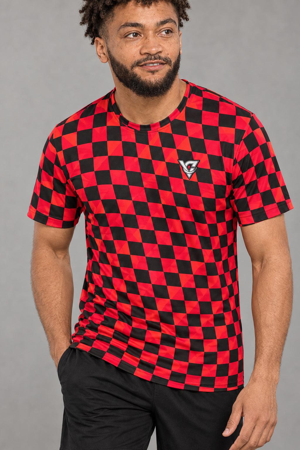 Infrared Warp Check Multipurpose Athletic Shirt, AI-generated realistic detail mockup on a fictional adult model
