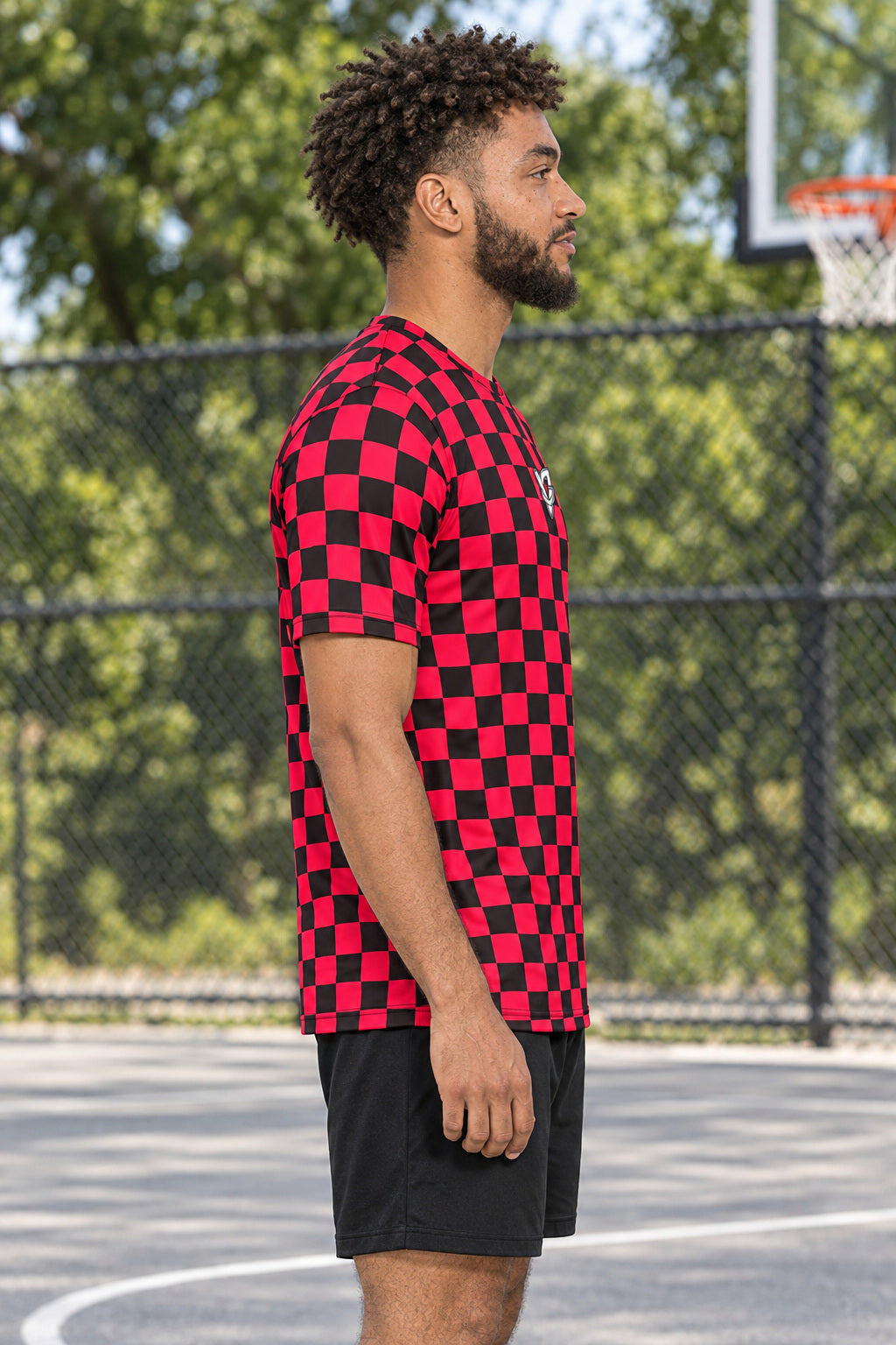 Infrared Warp Check Multipurpose Athletic Shirt, AI-generated side-profile product mockup on a fictional adult model