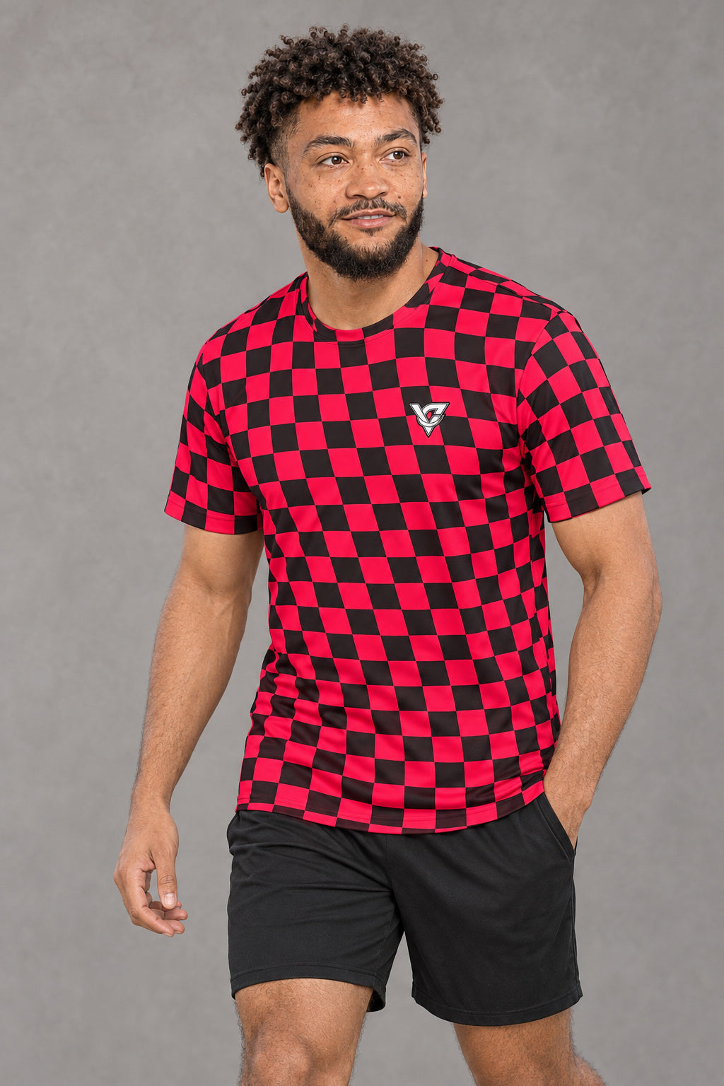 Infrared Warp Check Multipurpose Athletic Shirt, AI-generated realistic three-quarter mockup on a fictional adult model