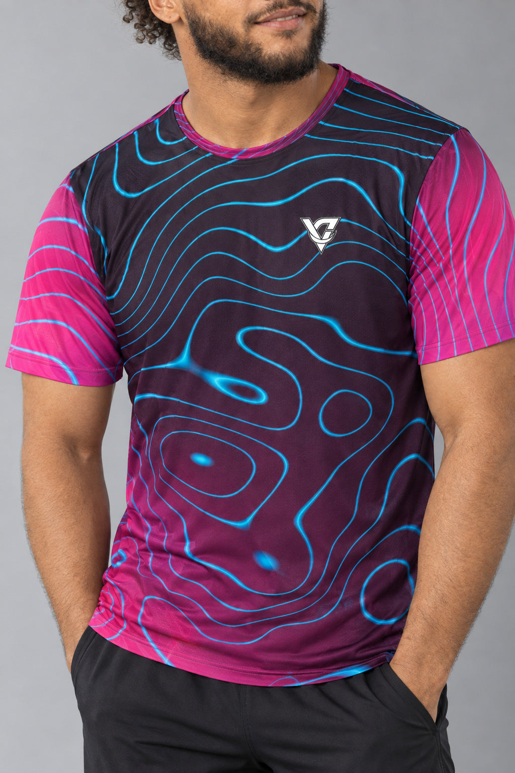 Neon Topo Multipurpose Athletic Shirt, AI-generated realistic detail mockup on a fictional adult model