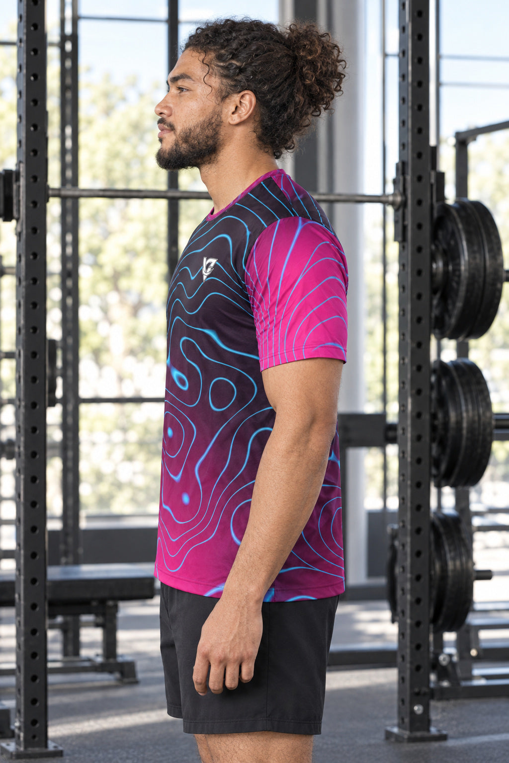 Neon Topo Multipurpose Athletic Shirt, AI-generated side-profile product mockup on a fictional adult model