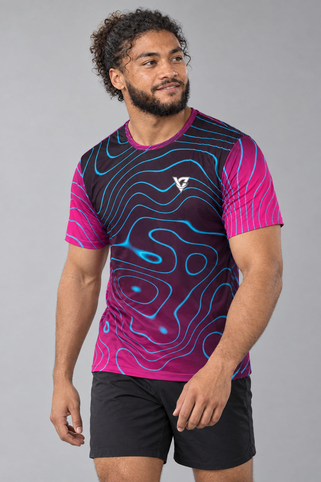 Neon Topo Multipurpose Athletic Shirt, AI-generated realistic three-quarter mockup on a fictional adult model