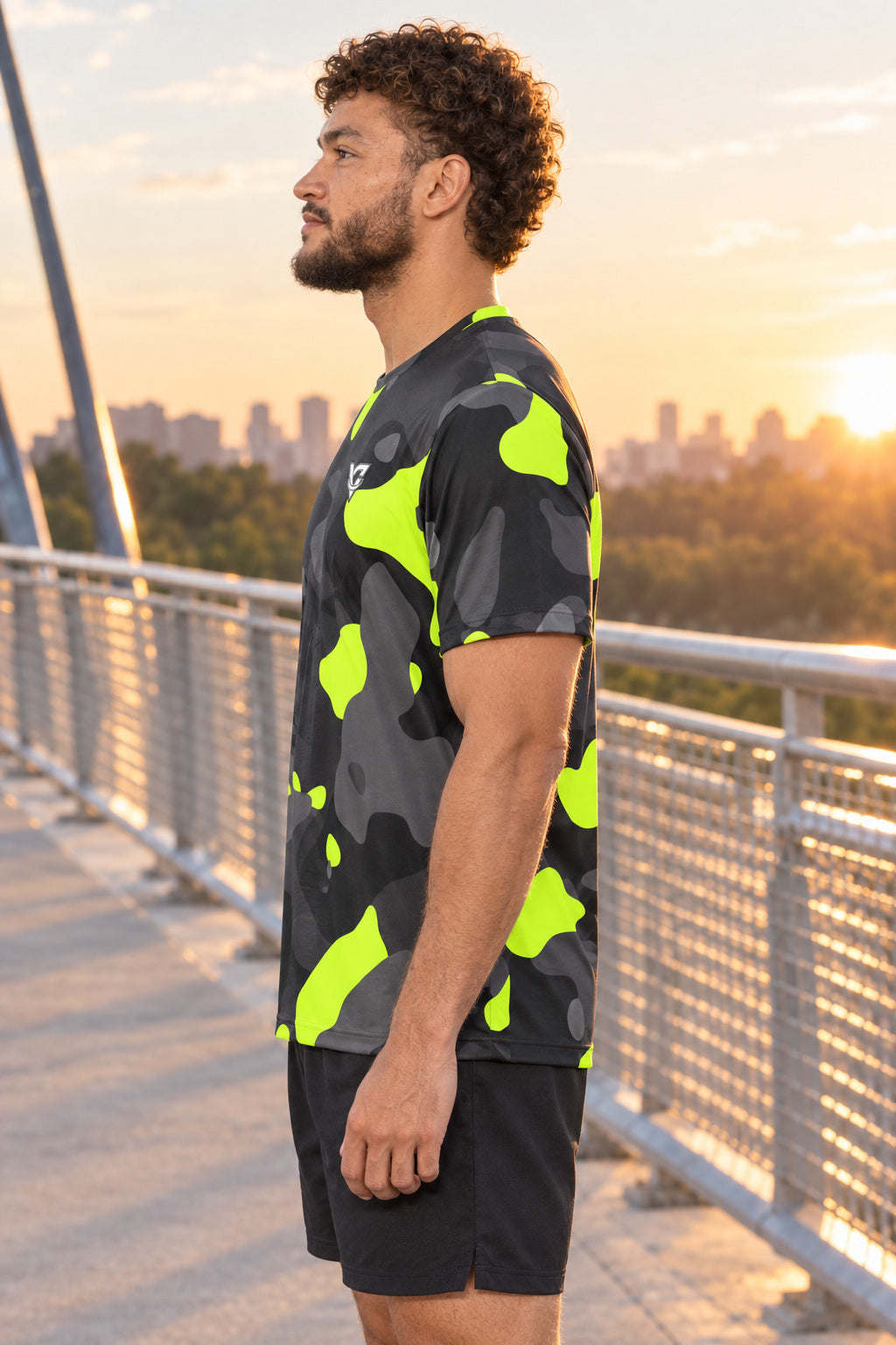 Graphite Camo Multipurpose Athletic Shirt, AI-generated side-profile product mockup on a fictional adult model