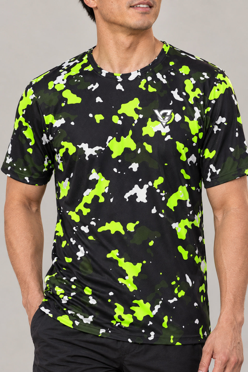 Volt Splatter Multipurpose Athletic Shirt, AI-generated realistic detail mockup on a fictional adult model