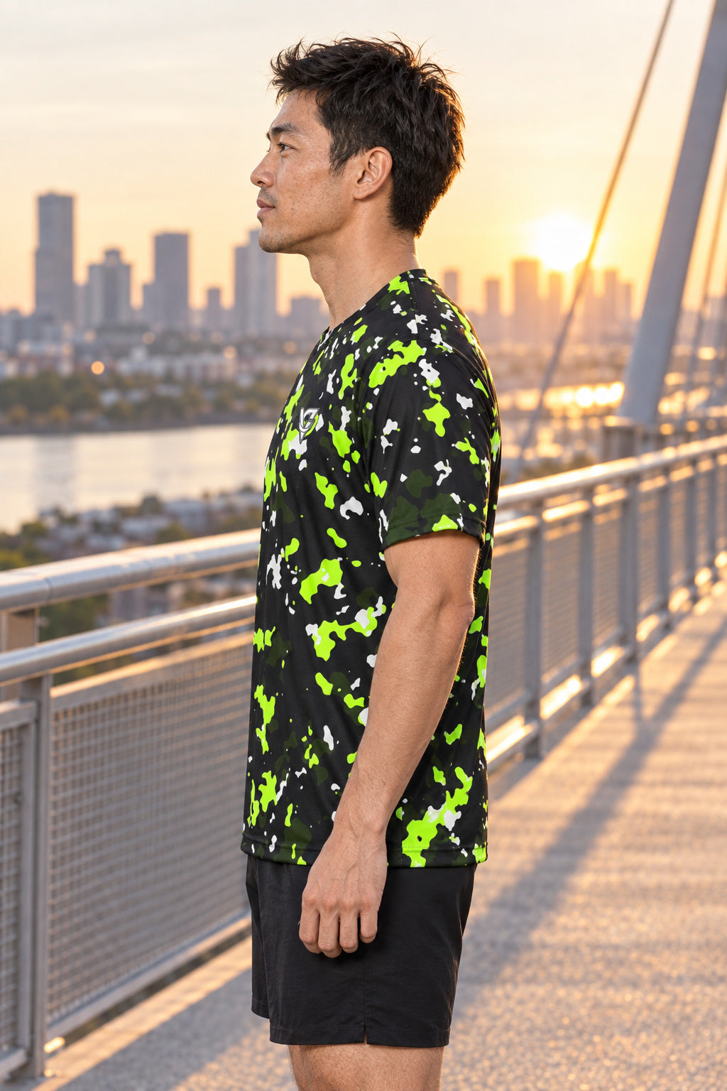 Volt Splatter Multipurpose Athletic Shirt, AI-generated side-profile product mockup on a fictional adult model