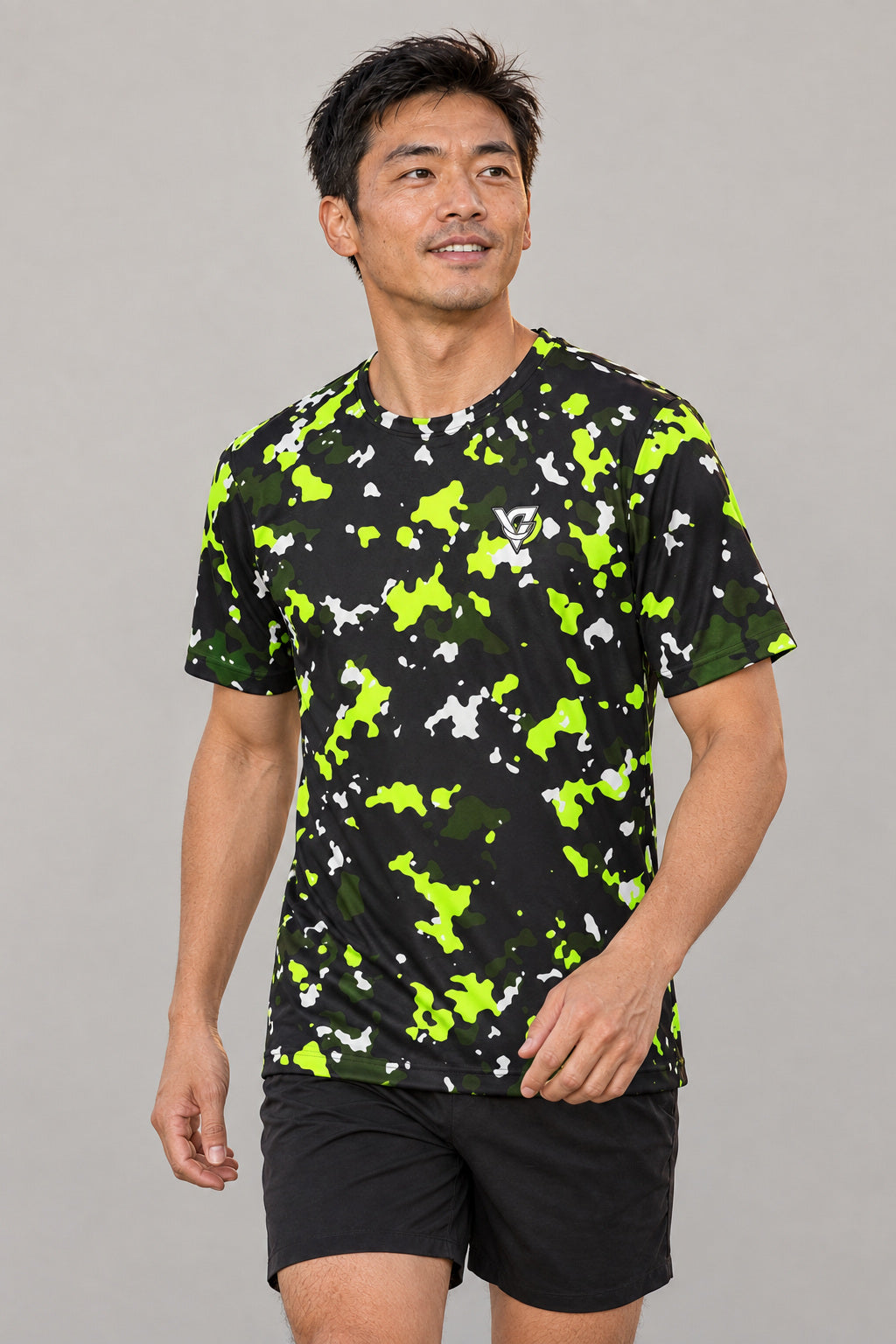 Volt Splatter Multipurpose Athletic Shirt, AI-generated realistic three-quarter mockup on a fictional adult model