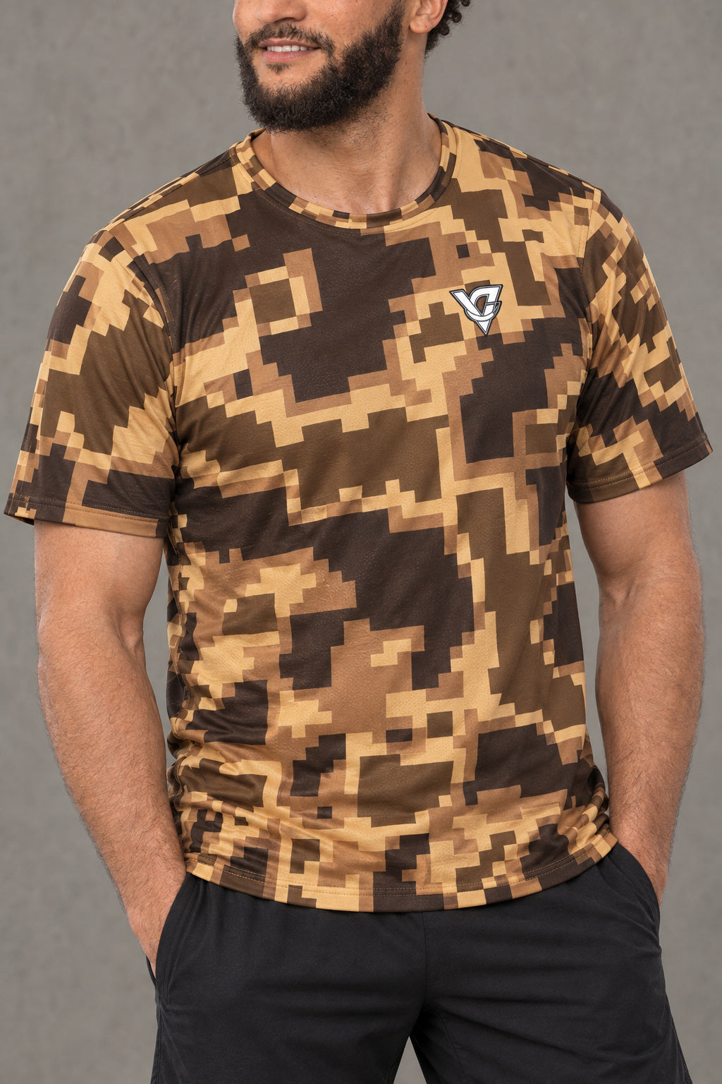 Desert Digital Camo Multipurpose Athletic Shirt, AI-generated realistic detail mockup on a fictional adult model